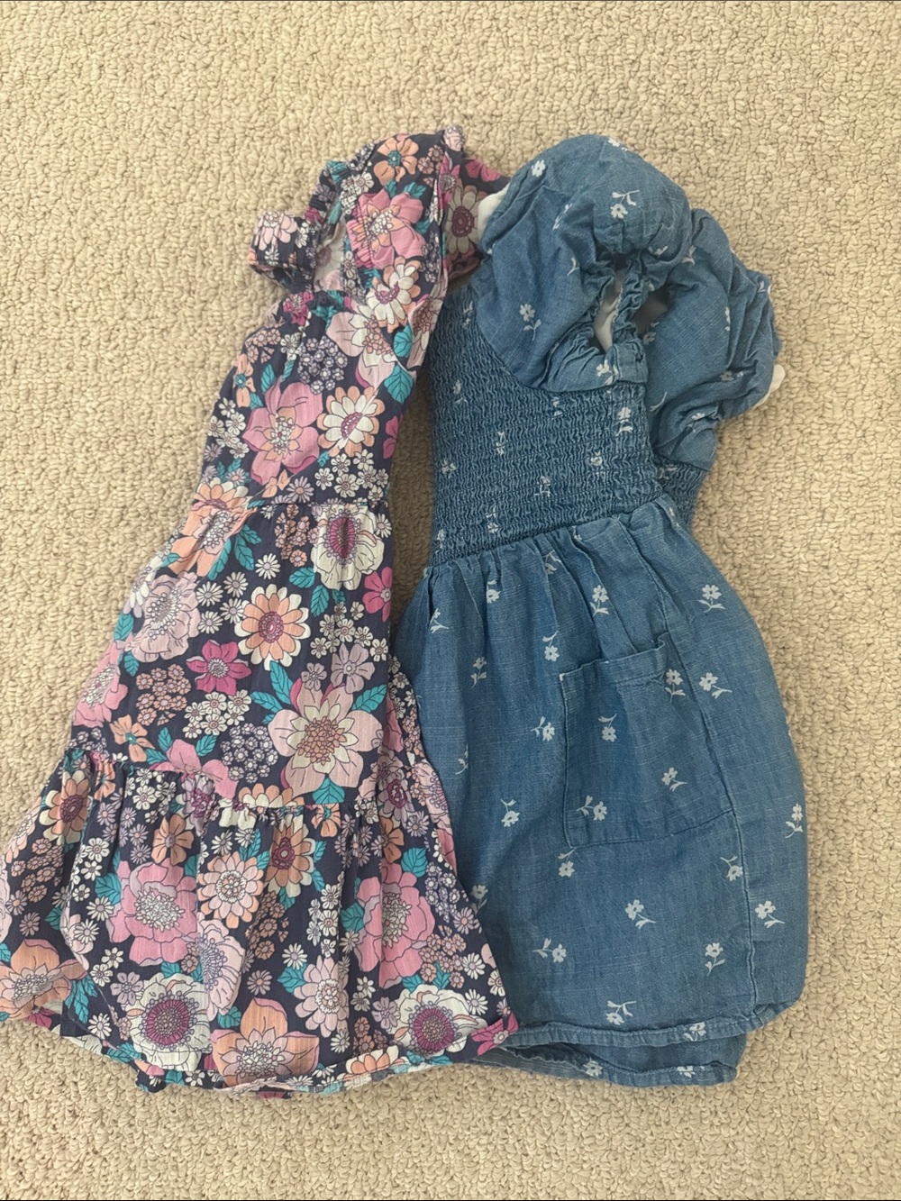 Girls Floral Navy & Denim Dress Set - Pink Floral and Blue Denim